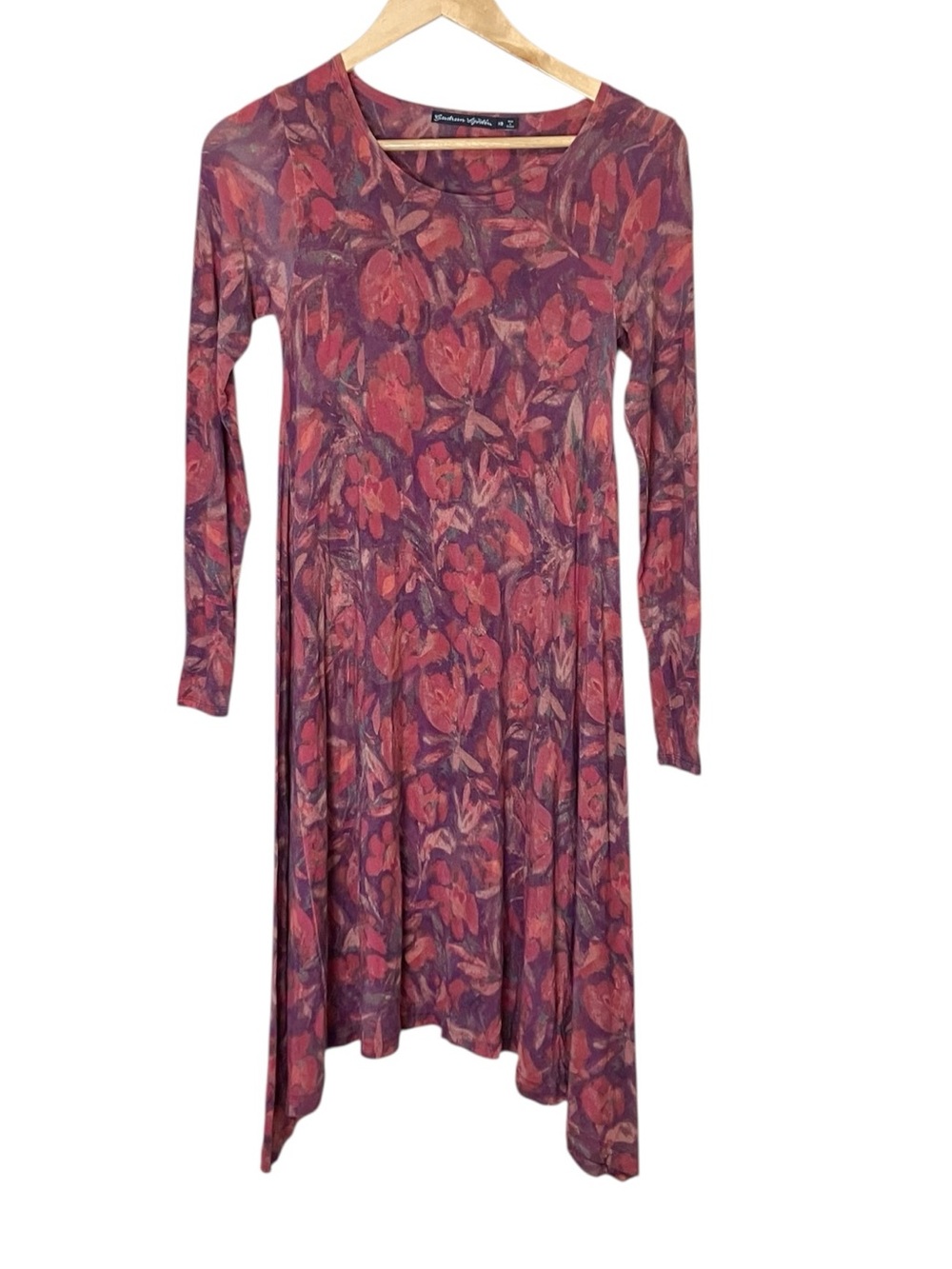 Gudrun Sjogren Red Floral Knee Length T-shirt Dress Long Sleeve Size XS